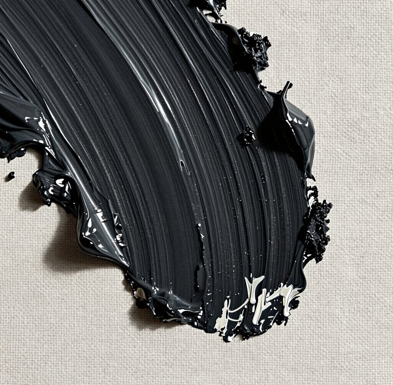 Extreme close-up of thick black and white oil paint texture on raw linen canvas, showing deep ridges, palette knife marks, and natural gallery lighting from the side.