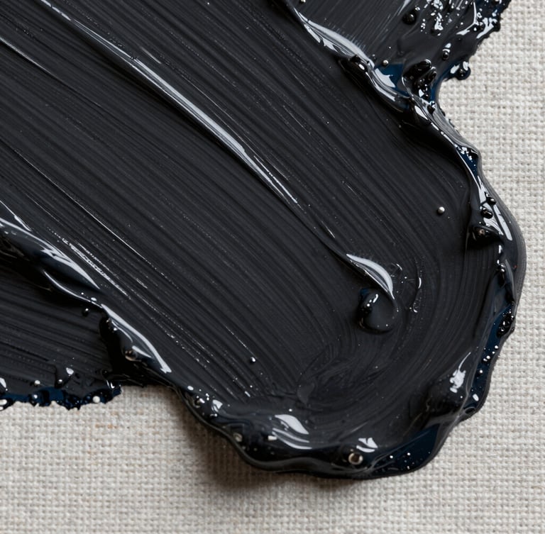 Extreme close-up macro shot of thick, wet oil paint on canvas, deep black and charcoal brushstrokes, highly tactile paint ridges and canvas weave visible under soft directional gallery lighting.