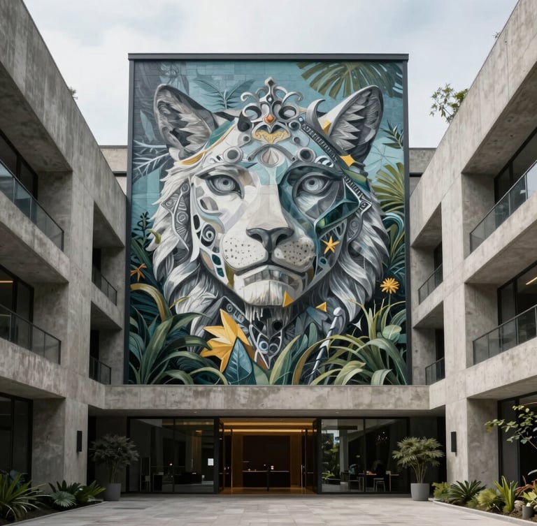 Wide environmental shot of a monumental mural integrated into a luxury residential lobby with high concrete walls and overcast daylight.