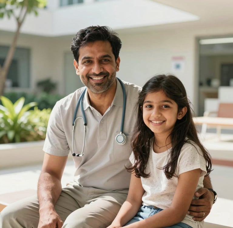 A warm, sunlit portrait of a smiling middle-aged South Asian man and his daughter sitting in a modern, clean hospital garden, shallow depth of field, natural daylight.