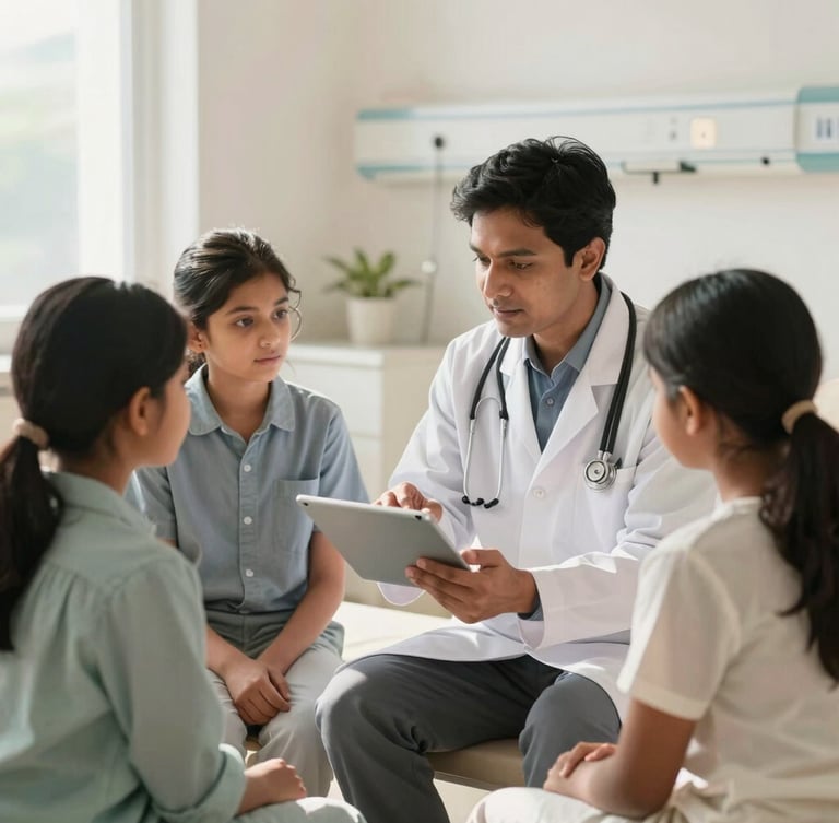 Bright, sunlit Indian hospital consultation room, a compassionate doctor in a white coat explaining a digital tablet to an international patient and family member, soft natural daylight, warm reassuring tones, shallow depth of field