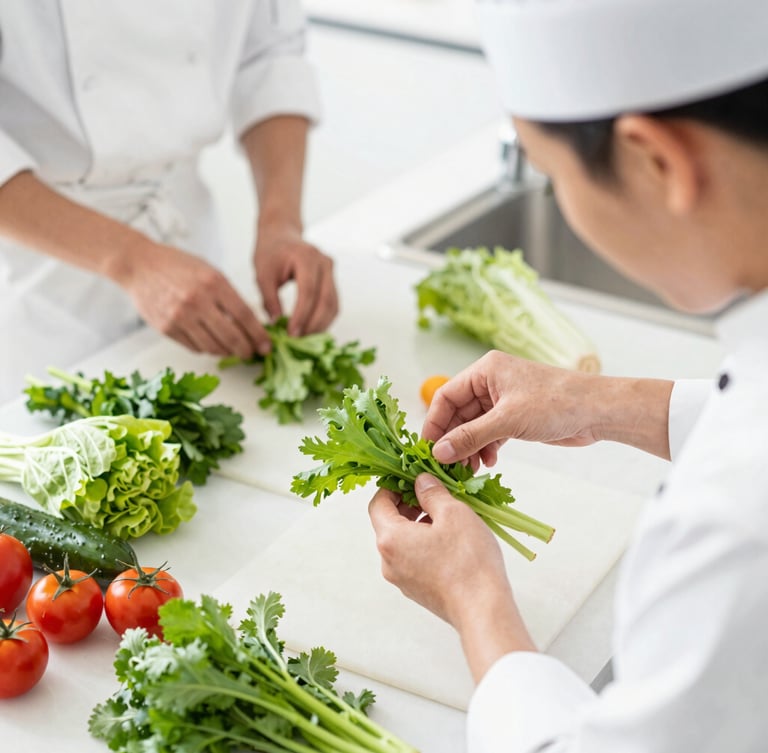 Overhead shot of professional culinary team prepping fresh organic vegetables in a bright, high-key Boise kitchen, soft natural light, shallow depth of field