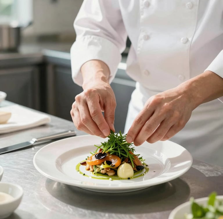 Medium shot of a clean, bright professional kitchen with stainless steel counters, a chef in clean white uniform placing fresh herbs on a beautifully plated dish, natural daylight