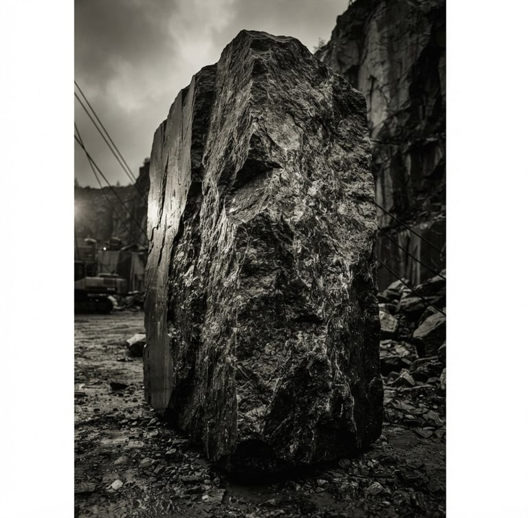 Dramatic architectural perspective of a massive black granite block in a quarry, sharp focus, low-key side-lighting highlighting the raw crystalline texture, medium format film.