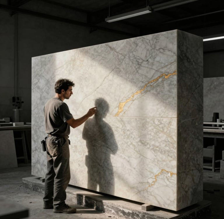 A craftsman in a dust-filled atelier inspecting a large marble block under dramatic side lighting, industrial precision