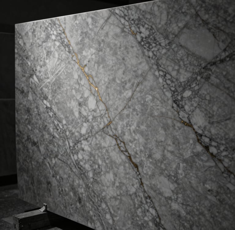 Dramatic close-up of book-matched Calacatta marble slabs in a high-end workshop, moody side-lighting highlighting the golden veins, sharp focus.