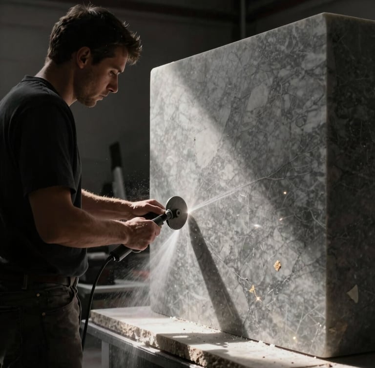 A craftsman in a dark workshop using precision machinery to cut a massive block of grey marble, dramatic side-lighting, focus on the cutting blade and water spray