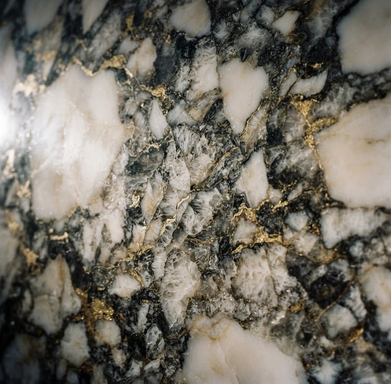 Extreme close-up of premium Italian Calacatta marble with dramatic gold and charcoal veins, low-key side-lighting emphasizing polished stone texture, sharp focus