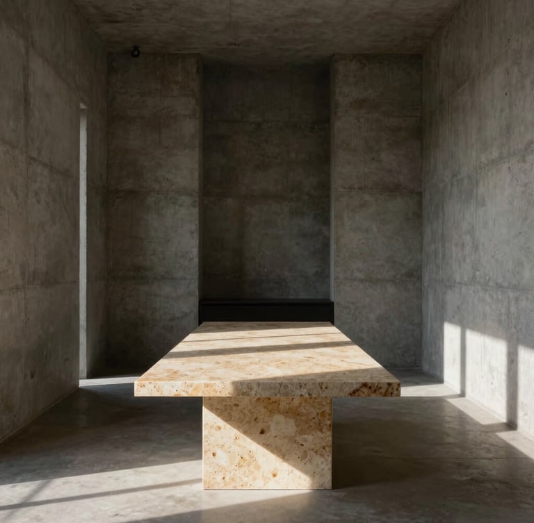 Symmetrical architectural interior of a luxury design studio, raw concrete walls, warm travertine table, dramatic sunlight with deep shadows, Hasselblad style