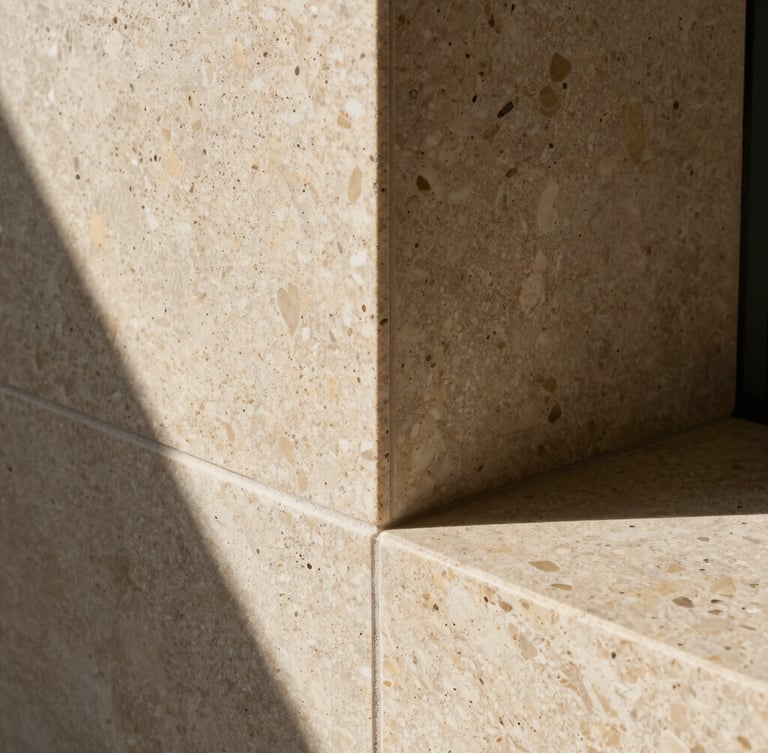 Close-up of premium warm travertine stone meeting raw textured concrete, dramatic natural light, sharp architectural shadows, luxury architectural photography