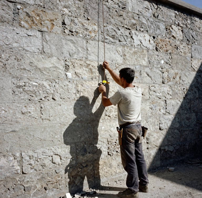 A professional mason using a plumb line against a raw stone wall, harsh daylight casting sharp shadows, gritty documentary style, 35mm