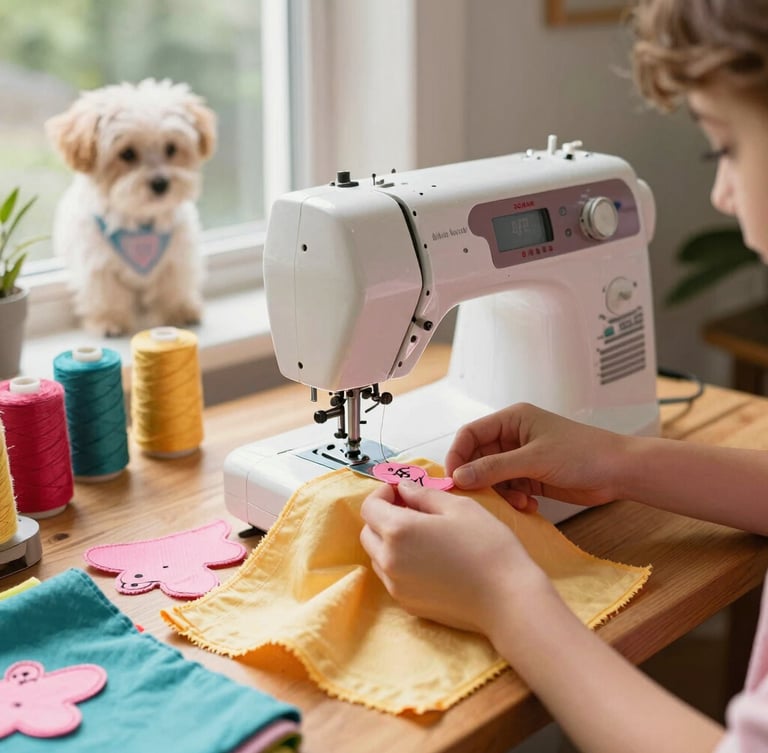 A family workshop with colorful fabrics, sewing machine on a wooden table, warm daylight shining through a window, hands carefully cutting a small pink textile pattern