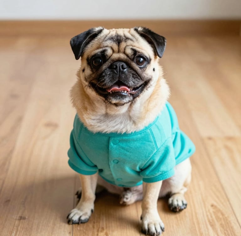 A happy pug sitting comfortably on a sunny wooden floor, wearing a custom-fit colorful turquoise shirt, warm natural daylight, eye-level pet portrait, soft focus background, 35mm