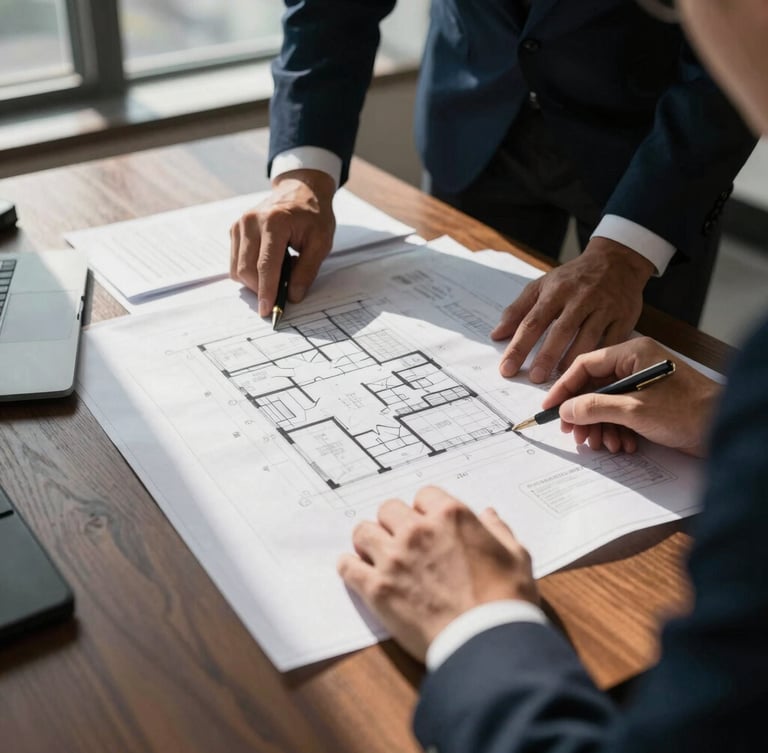 Close-up of executive hands reviewing architectural blueprints and legal documents on a dark wooden table, sharp natural window light, dramatic shadows