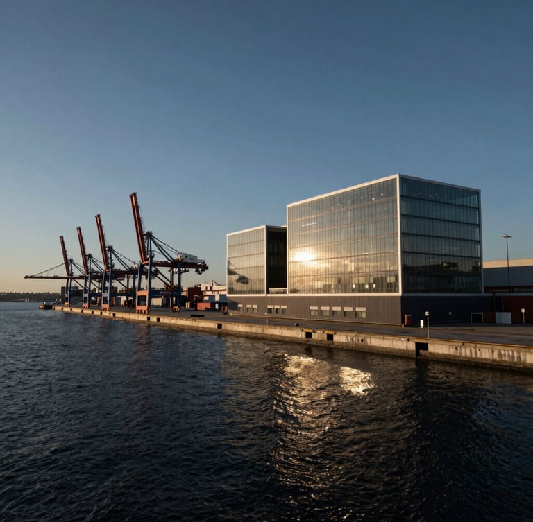 Wide-angle architectural lens capture of a modern industrial port at sunset, deep navy water, high-contrast natural daylight, dramatic shadows