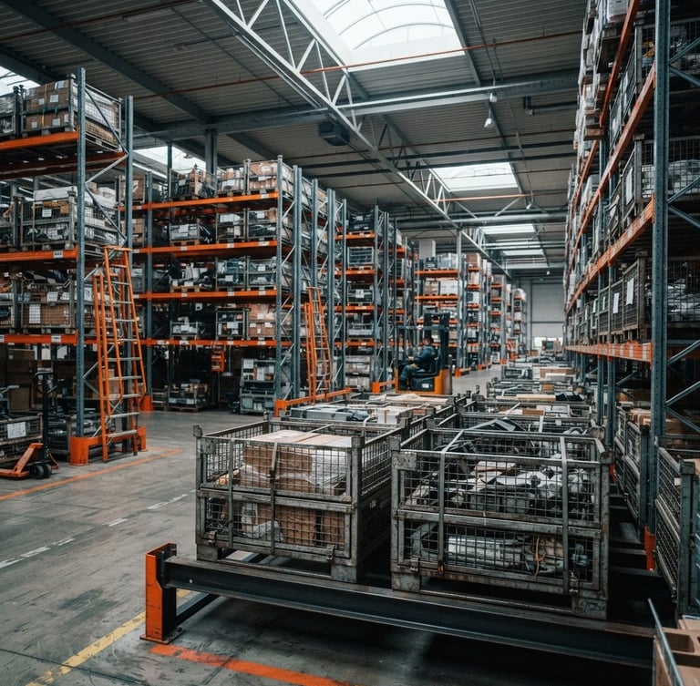 Industrial warehouse bay with organized high-density steel racking, cool overcast daylight filtering through skylights, sharp focus on heavy-duty metal pallets, desaturated steel tones with safety orange accents.