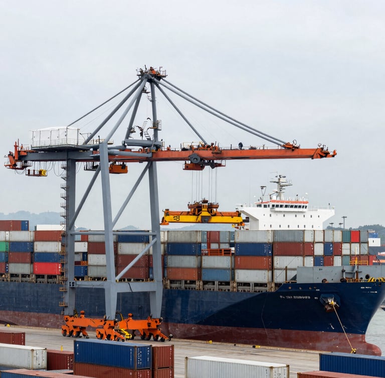 Wide-angle overhead view of an organized container shipping terminal, massive crane loading cargo ship under cool overcast daylight, steel gray and safety orange tones.