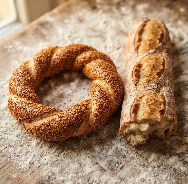 Overhead macro shot of fresh simit bread with golden sesame seeds and a crusty French baguette on a flour-dusted wooden table, warm side window light.