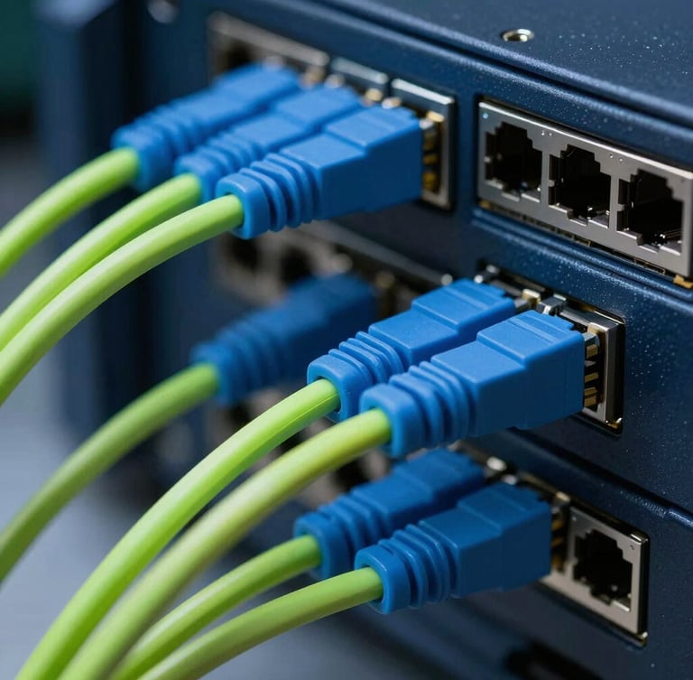Macro shot of high-density network hardware ports with clean blue and neon green fiber optic cabling, sharp focus, dark technical photography style