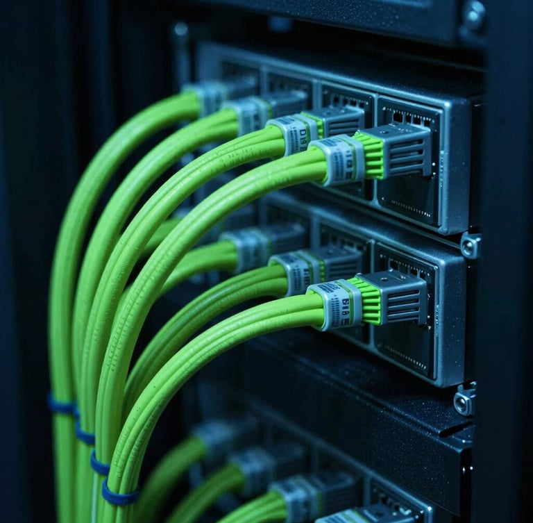 Close-up of server rack cabling with clean cable management, deep shadows and sharp neon green highlights, 35mm