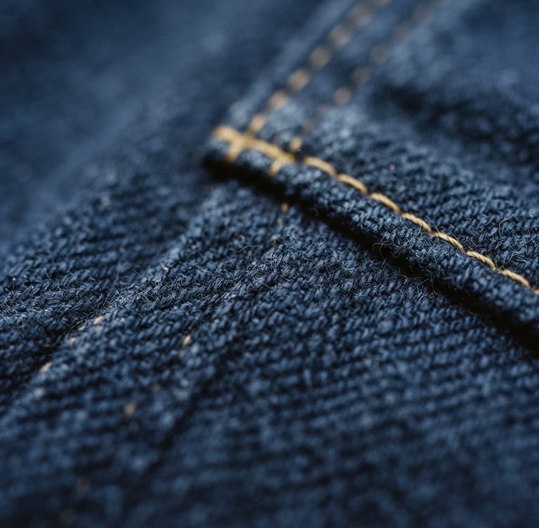 Close-up of heavy-weight navy cotton fabric texture, soft overcast daylight, editorial fashion photography style