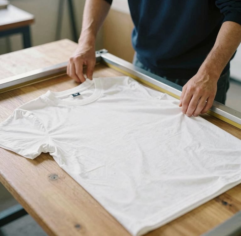 Hands aligning a screen-printing frame over a heavy-weight white cotton t-shirt on a wooden workshop table, soft natural studio light