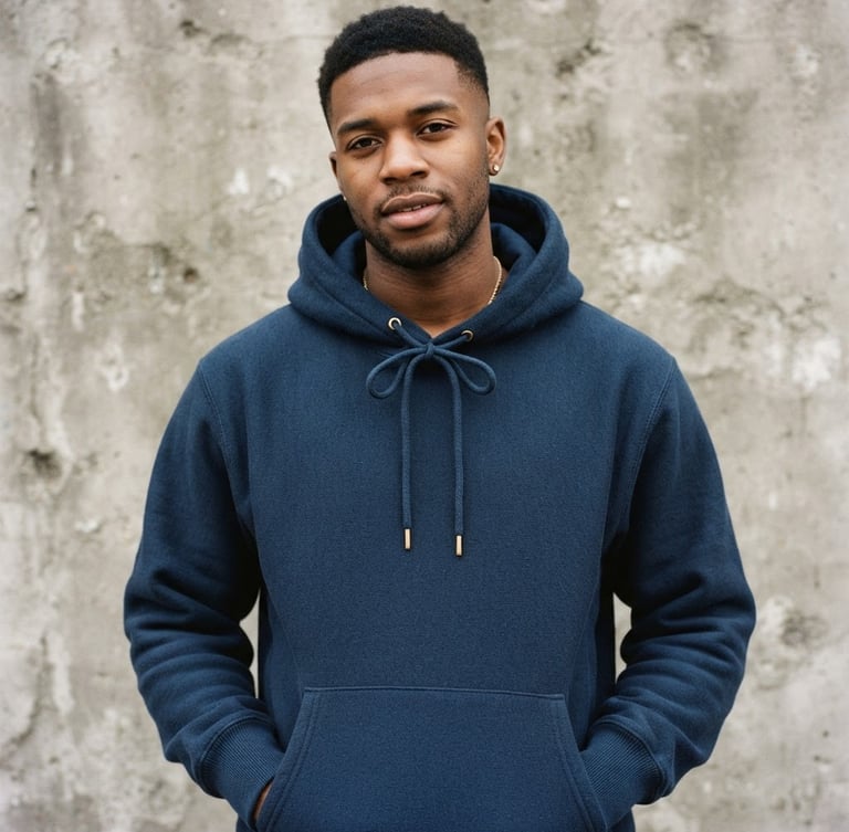 Medium-close crop of a heavy-weight navy hoodie on a model standing against a raw concrete Dearborn wall, overcast daylight emphasizing the thick fabric texture