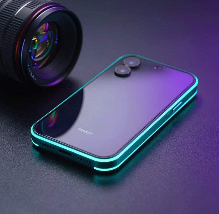 Angled perspective shot of physical Android hardware lying on a dark metallic surface, neon cyan rim lights reflecting off glass, 35mm lens
