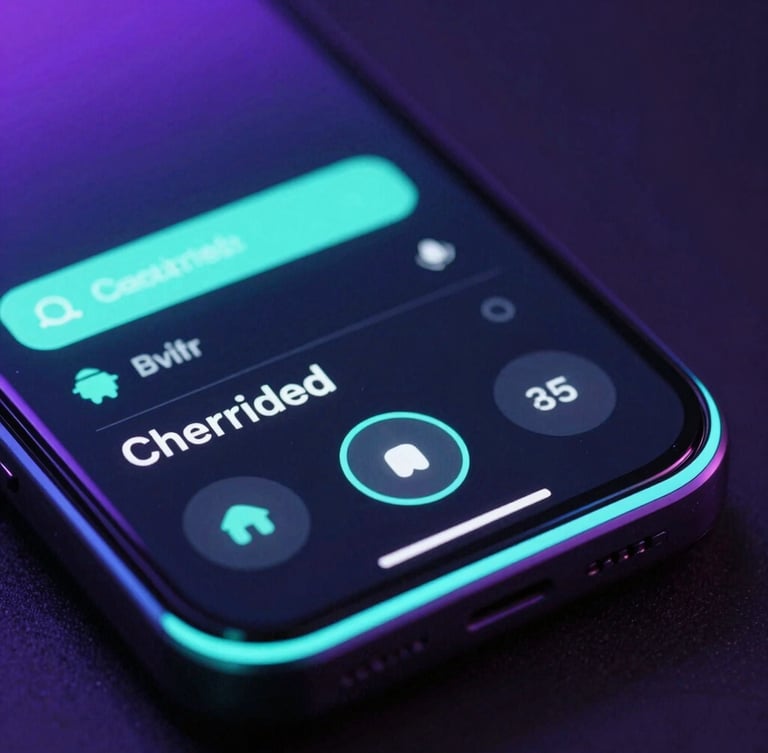 Extreme close-up of a high-fidelity custom Android UI running on a physical device, vibrant neon cyan rim lighting reflecting on dark glass, sharp macro focus, 35mm lens
