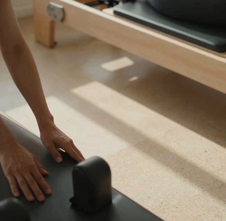 Close-up of a pilates instructor's hands gently adjusting a client's posture on a reformer, soft morning light casting long shadows on warm travertine stone floors, 35mm photography.