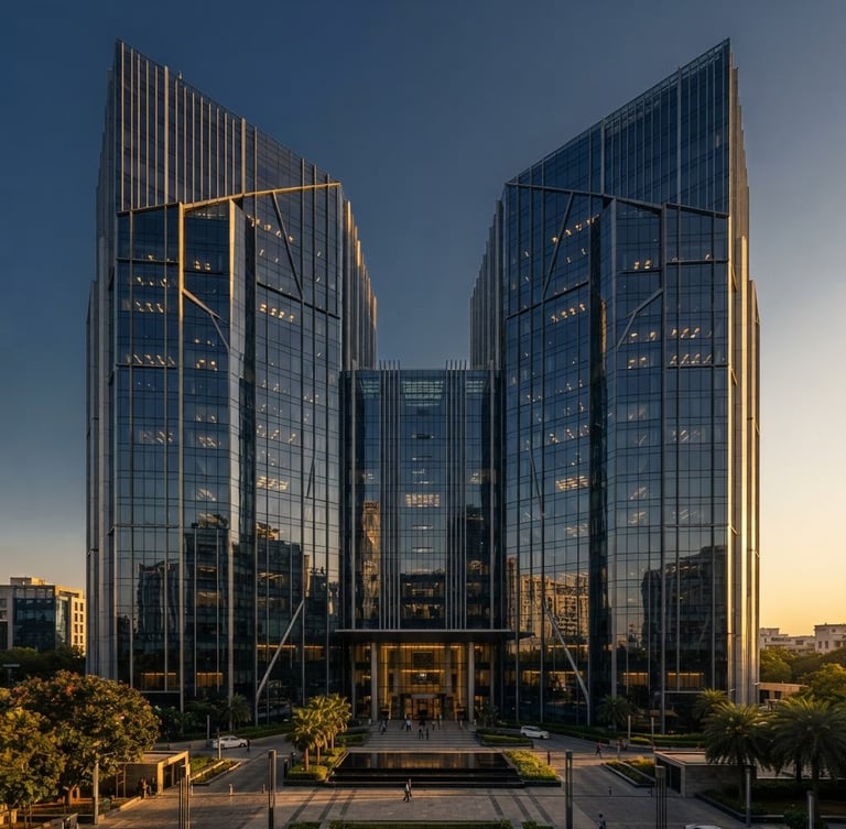 Symmetrical wide-angle architectural exterior of a modern glass office skyscraper in Delhi NCR, crisp golden-hour lighting, deep navy reflections, professional photography