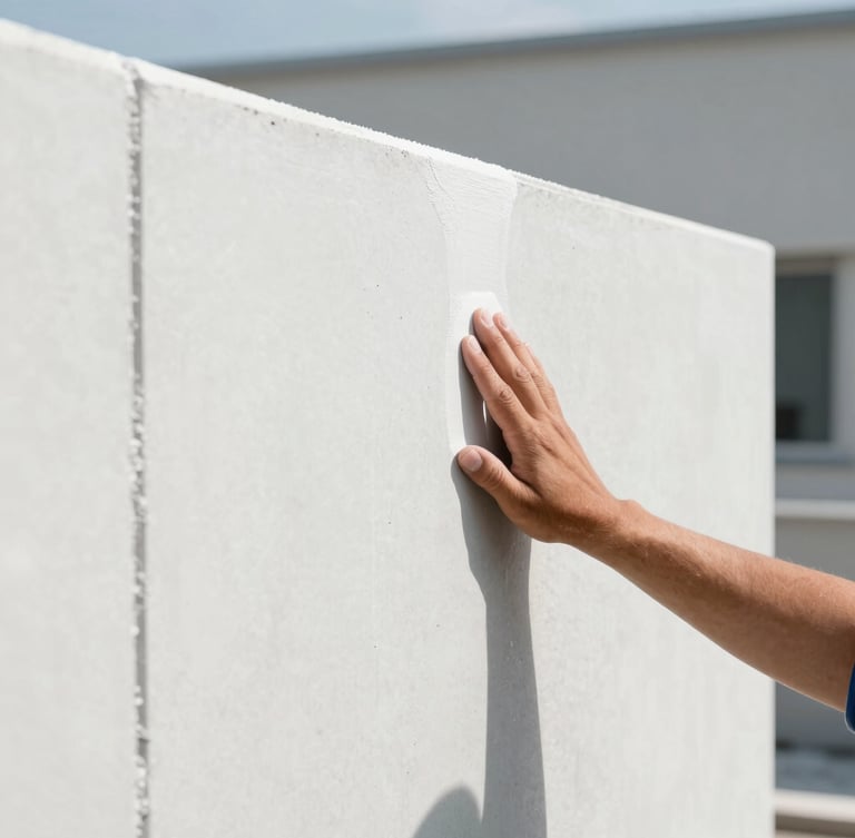 Close-up of a worker's hand running over the extremely smooth, paint-ready surface of a white Citikon lightweight concrete wall panel, bright natural daylight, clean architectural lines, 35mm lens.