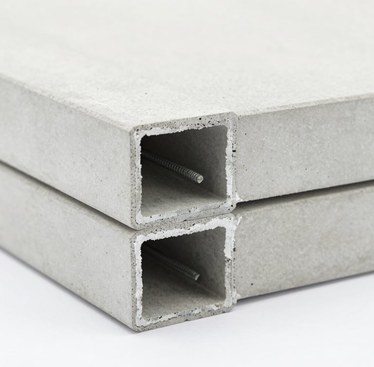 Close-up macro shot of a Citikon lightweight concrete floor panel interlocking joint, showing the precise groove and steel reinforcement inside, bright clean studio lighting, architectural focus.