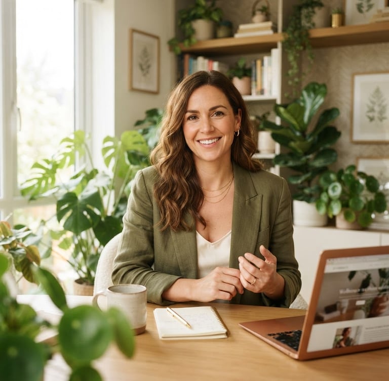 Bright editorial portrait of a confident wellness entrepreneur in a sunlit, modern home office, soft botanical green tones, shallow depth of field, 35mm