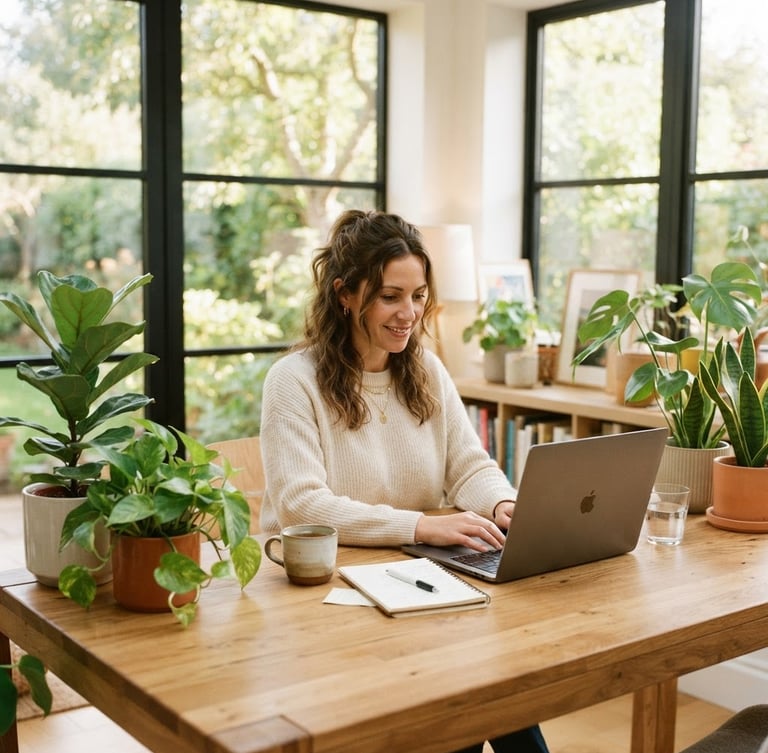 Bright editorial photography, natural daylight, a modern light-filled home office with large windows, green plants on a wooden desk, a woman working on a laptop, 35mm, soft golden tones.