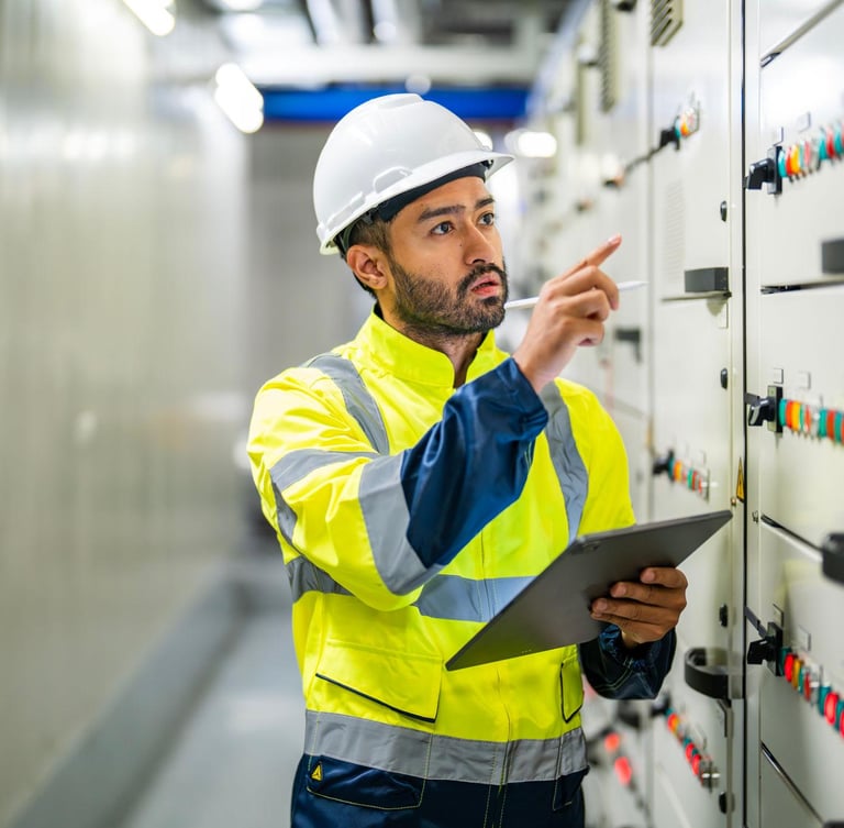 Electrical engineer in a hard hat inspecting
