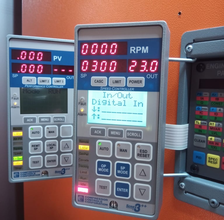 Industrial digital speed controller display panel showing RPM and digital in status.