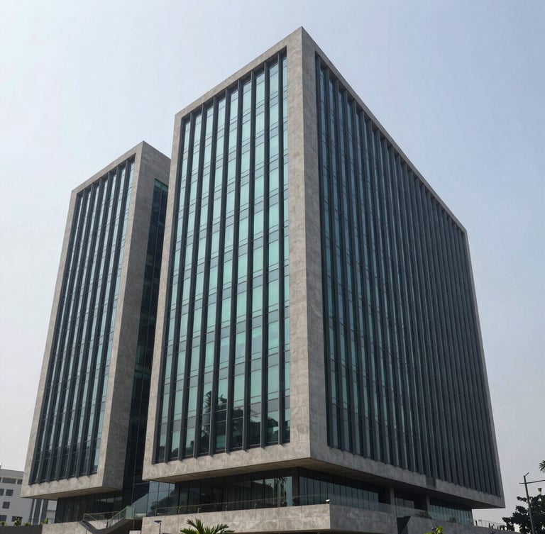 Wide architectural angle of a modern minimalist concrete and glass corporate headquarters in Delhi NCR, cool overcast daylight, sharp shadows, 35mm