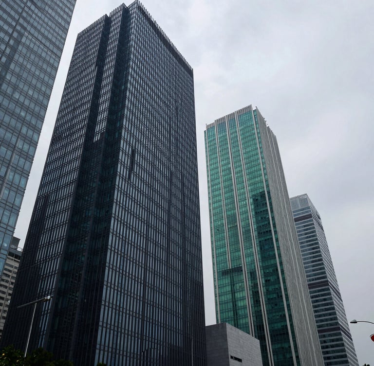 Sharp corporate photography of modern steel and glass skyscrapers in Delhi NCR, cool overcast daylight, architectural angle, 35mm