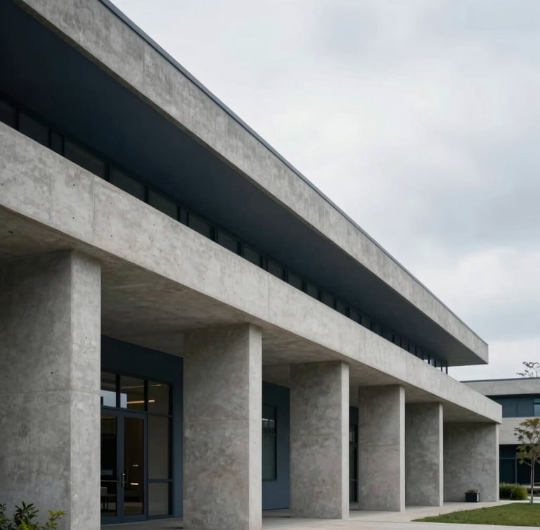 Overcast exterior of a modern architectural senior living facility with clean concrete lines and soft shadows.