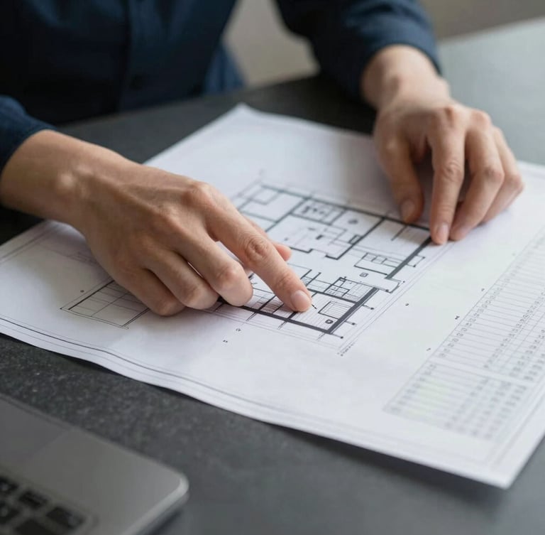 Close-up of hands analyzing architectural blueprints and financial spreadsheets on a dark slate desk.