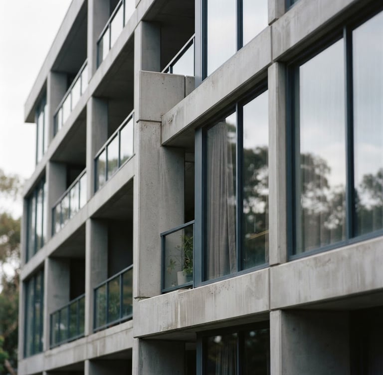 A tight, high-contrast architectural crop of a modern senior living facility facade, soft overcast daylight, clean concrete lines and glass reflections, muted slate tones, shallow depth of field, 35mm