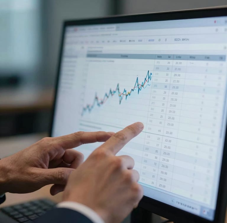 Close-up macro shot of hands analyzing complex financial models and spreadsheets on a screen in a dimly lit boardroom, soft blue light from the monitor, shallow depth of field, professional corporate setting