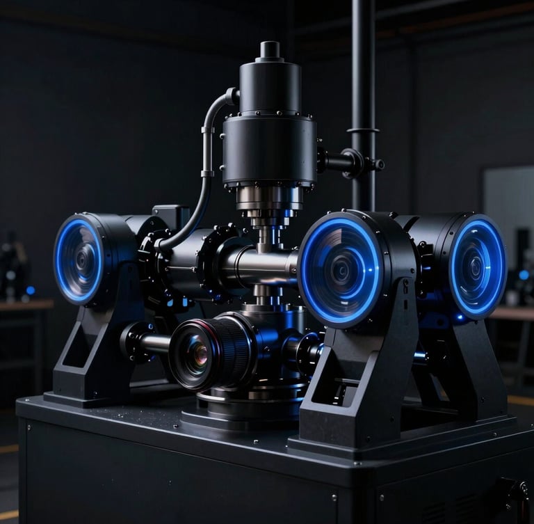 Cinematic dark-mode photography of heavy automated industrial machinery in motion, dramatic low-key studio lighting with sharp blue rim-lights, high contrast, 50mm lens