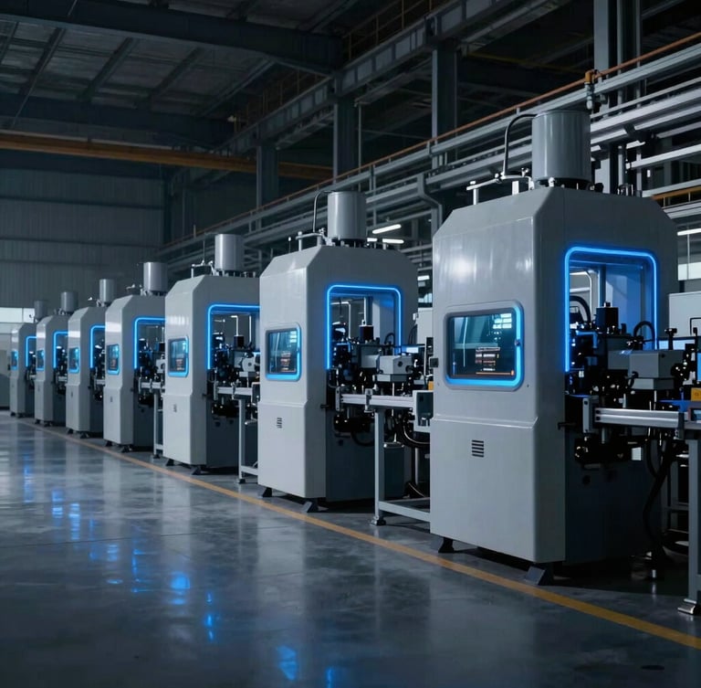 Wide cinematic view of high-tech industrial machinery in motion, blue light accents, clean factory floor, low horizon, expansive industrial scale.