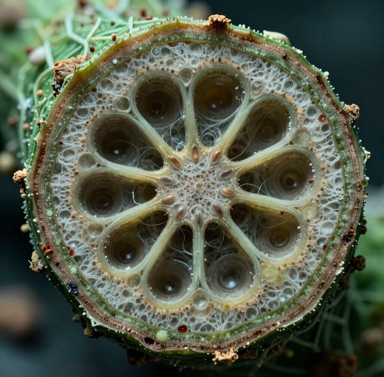 Scientific macro photography of a cross-section of a plant stem showing vascular bundles under a microscope, cool green and brown tones, high-contrast scientific detail.