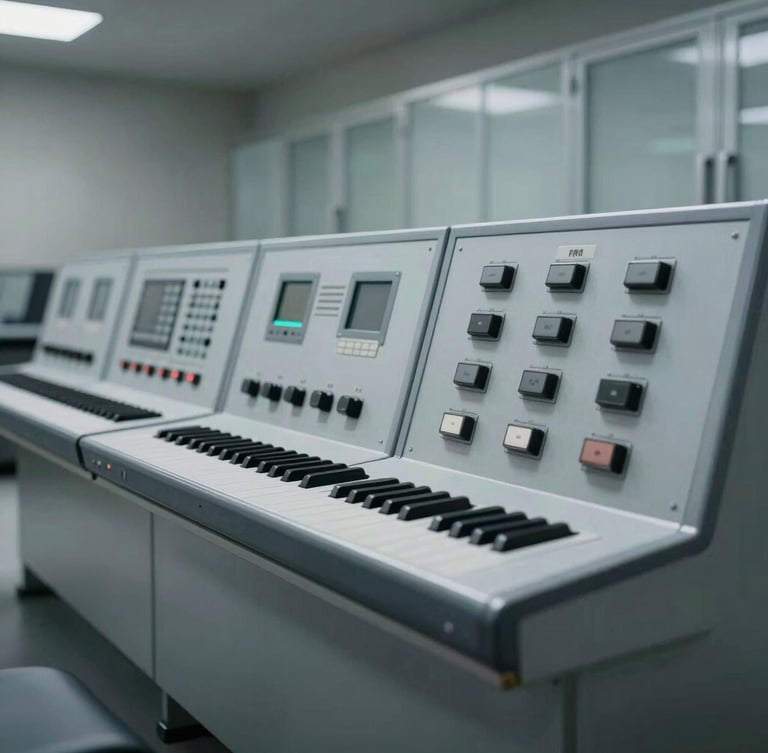 Sharp industrial photography of a technical control room, cool daylight, desaturated steel and slate tones, deep depth of field, architectural framing