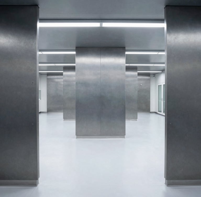 Wide geometric environmental shot of a modern clean-room manufacturing facility, pristine white floors, precise overhead lighting, desaturated steel and slate tones