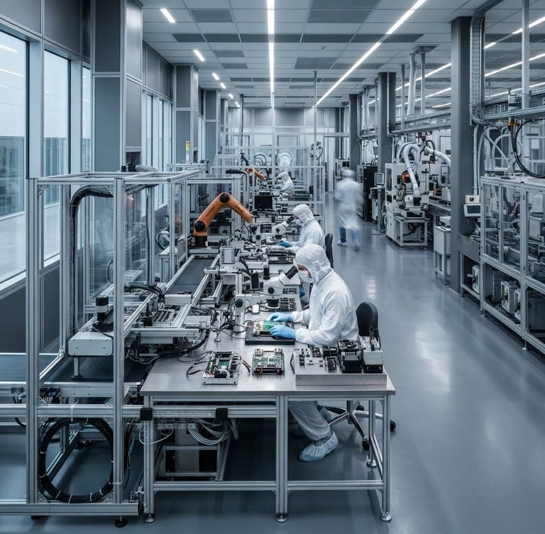 Sharp industrial photography of a high-tech manufacturing facility clean-room assembly line, cool daylight, desaturated steel and slate tones, architectural framing.
