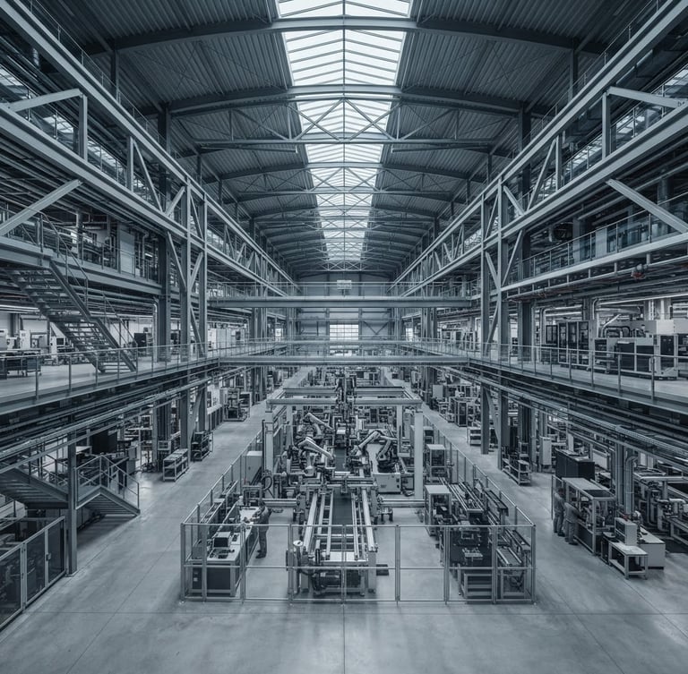 Wide geometric architectural shot of a high-tech manufacturing facility, cool daylight, desaturated steel and slate tones, deep depth of field